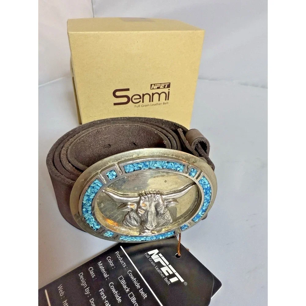 Senmi Leather Belt Bull Head Buckle Turquoise Western Cowboy Size 32-34 NEW